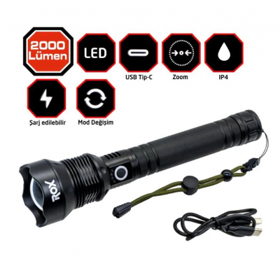 Rox 0212 Şarjlı Led El Feneri 2000 Lümen