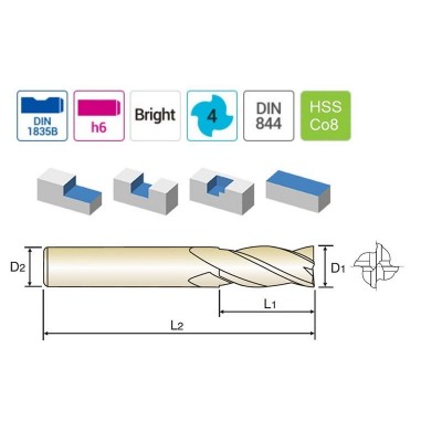 YG-1 HSS-Co8 Parmak Freze Bıçağı 16 mm (4 Ağızlı)