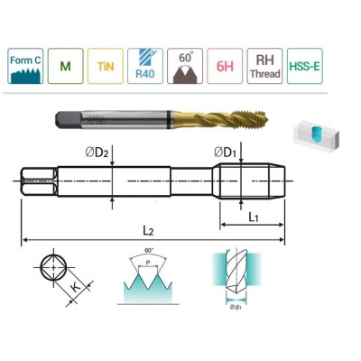 YG-1 Helis Makina Klavuzu TIN Kaplı M3 x 0.50 mm HSS-E DIN371/C (TD804206)