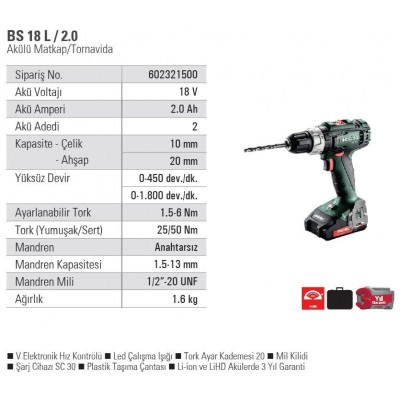 METABO BS 18 L Şarjlı Matkap 18 Volt 2.0 Amper
