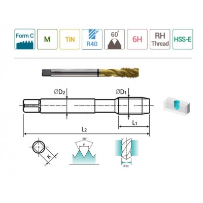 YG-1 Helis Makina Klavuzu TIN Kaplı M12 x 1.75 mm HSS-E DIN376/C (TD804506)