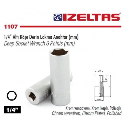 İZELTAŞ 1/4” Altı Köşe Derin Lokma Anahtar 13 mm(1107 06 4013)