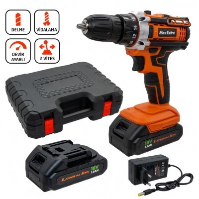 Max Extra MX1815 Şarjlı Matkap Vidalama Çift Akülü 18 Volt 1,5 Amper