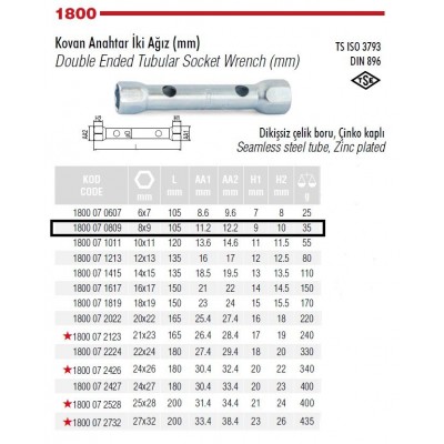 İZELTAŞ Kovan Anahtar 8 x 9 mm(1800 07 0809)