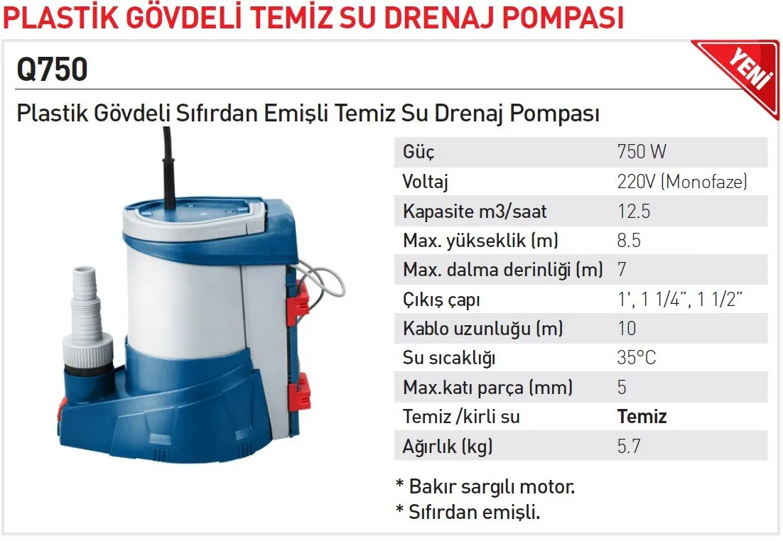 RAINPUMP Q 750 Sıfırdan Emiş Dalgıç Pompa 750 Watt